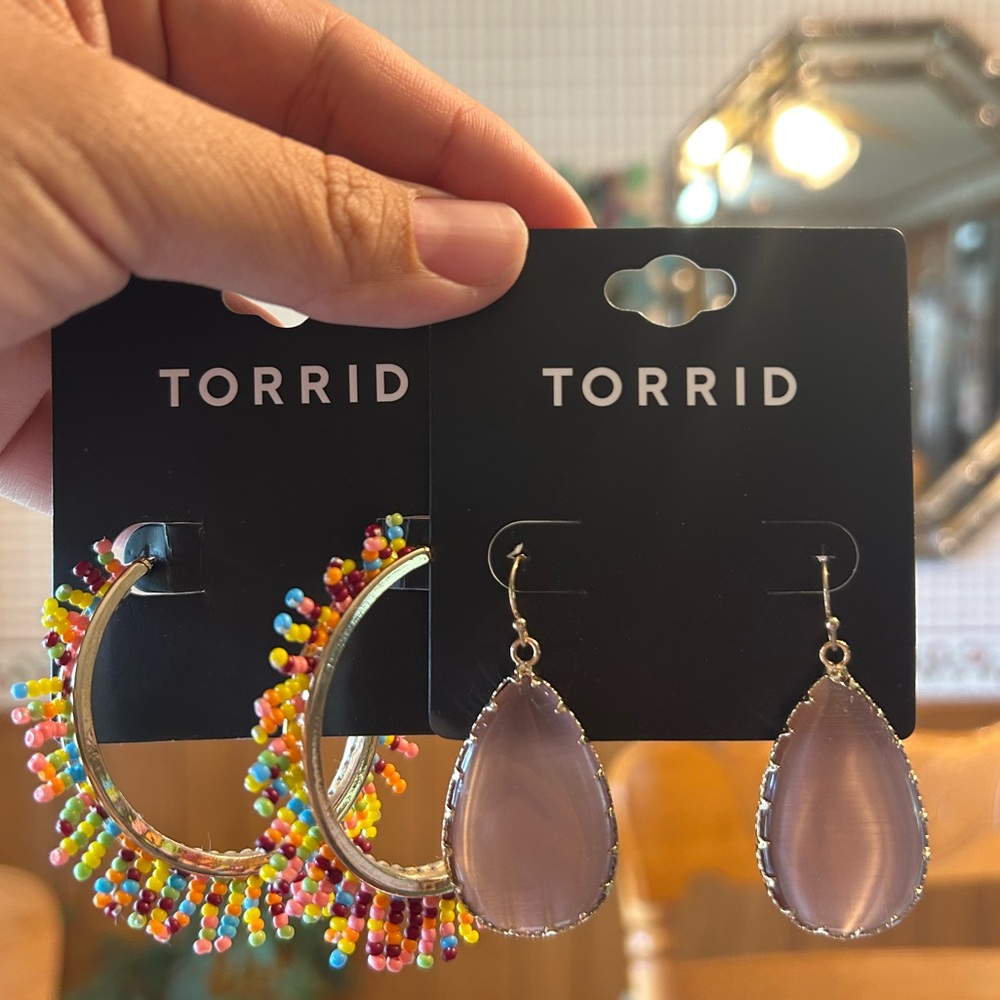 Torrid Multicolor Beaded Hoops and Lavender Teardrop Earrings